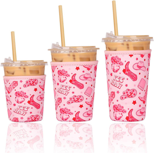 Reusable Insulated Neoprene Iced Coffee Cup Sleeve, Durable Drink Sleeve for Cold Beverages, Beverage Holder for Iced Coffee, Pink Cowgirl