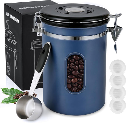 1800ML Airtight Coffee Canister with Date Tracker&Transparent Window, 22.8OZ Coffe Beans Storage with 30ML Measure Spoon&4 co2 Valve, Coffee Container for Grounds Coffee, Beans, Tea, Sugar&Flour(Blue)