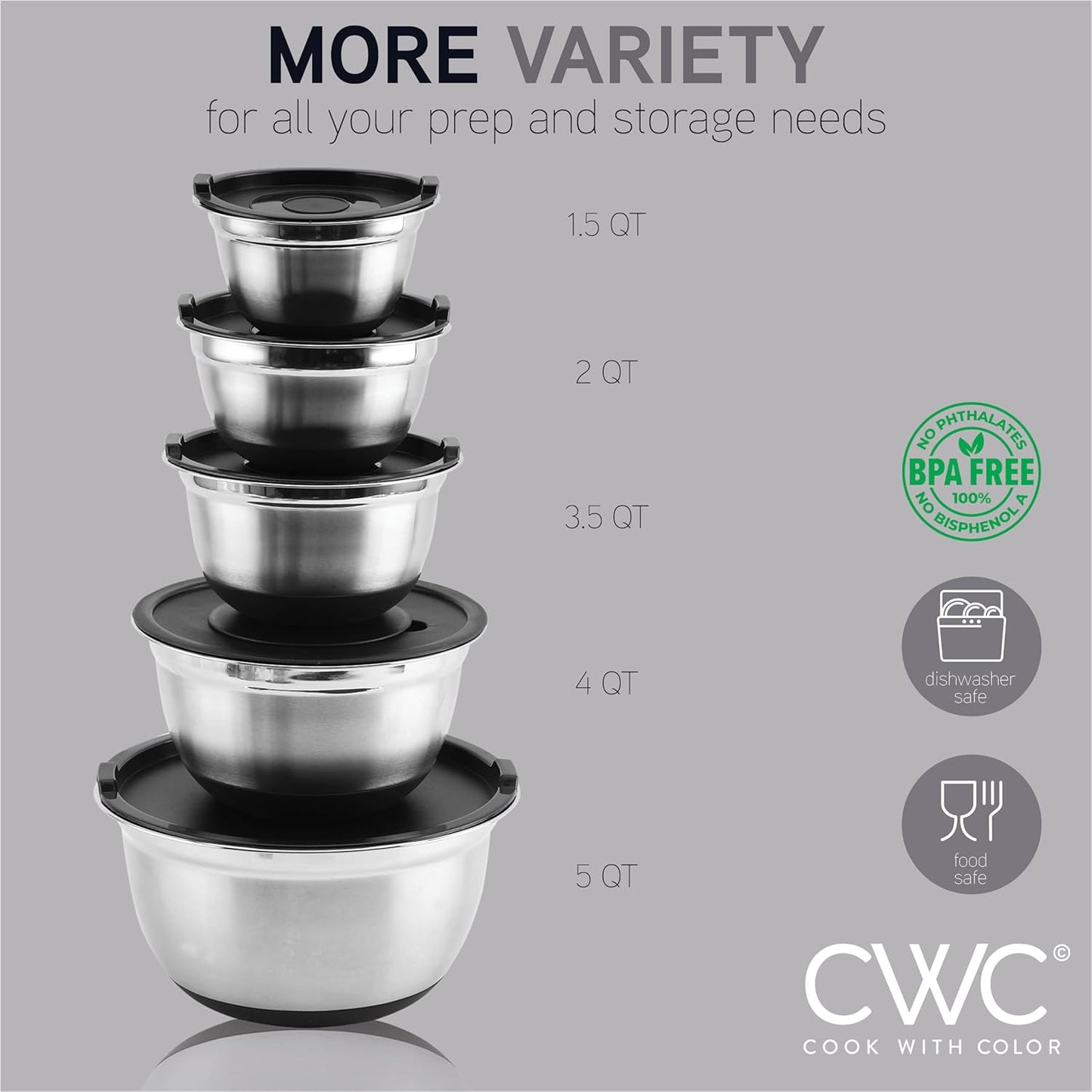 COOK WITH COLOR Stainless Steel Mixing Bowls Set with Lids - Nesting Bowls with Non-Slip Bottom, Silver, 14 Pieces