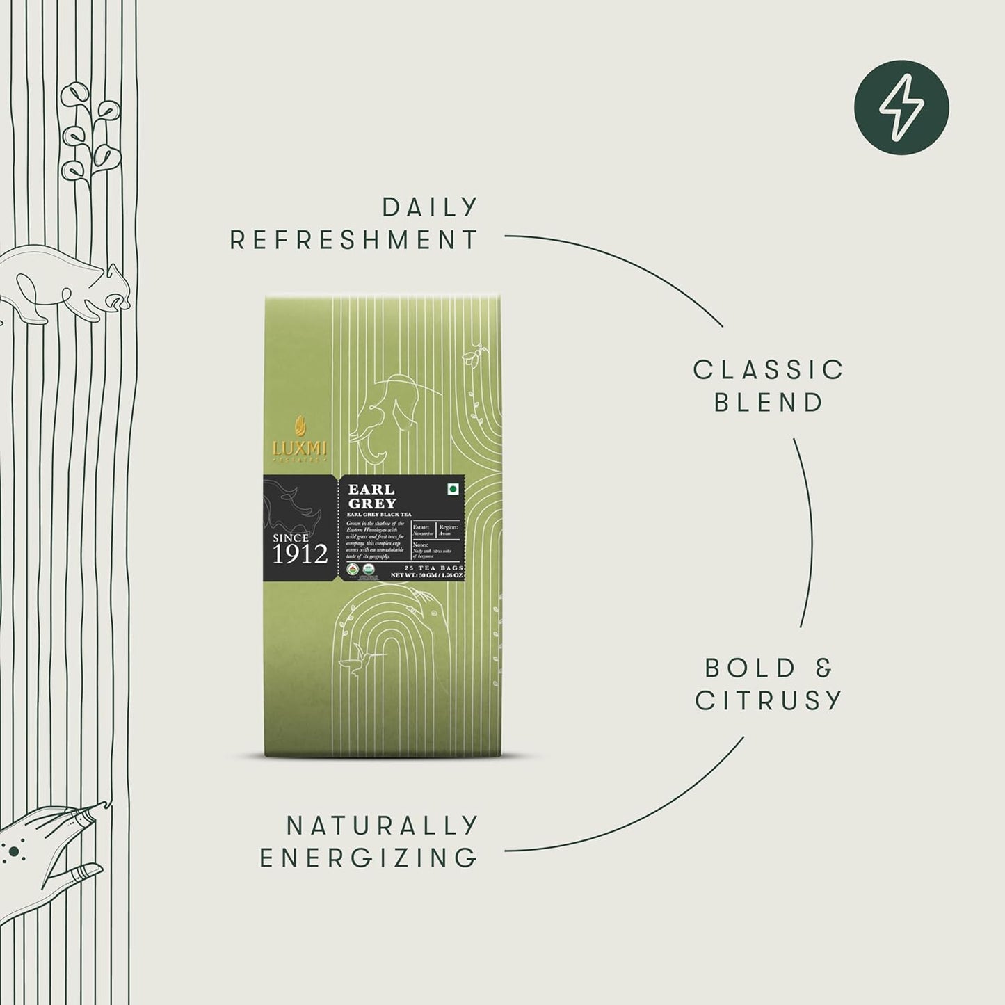 Luxmi Estates Garo Hills Earl Grey Tea 25 Tea Bags (50g) Pack | Certified Organic Black Tea