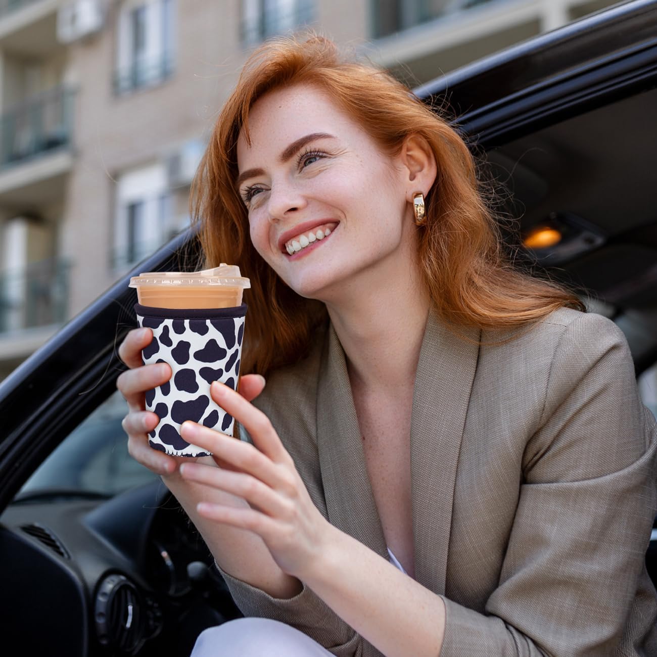 Reusable Insulated Neoprene Iced Coffee Cup Sleeve, Durable Drink Sleeve for Cold Beverages, Beverage Holder for Iced Coffee, Cowprint Chic