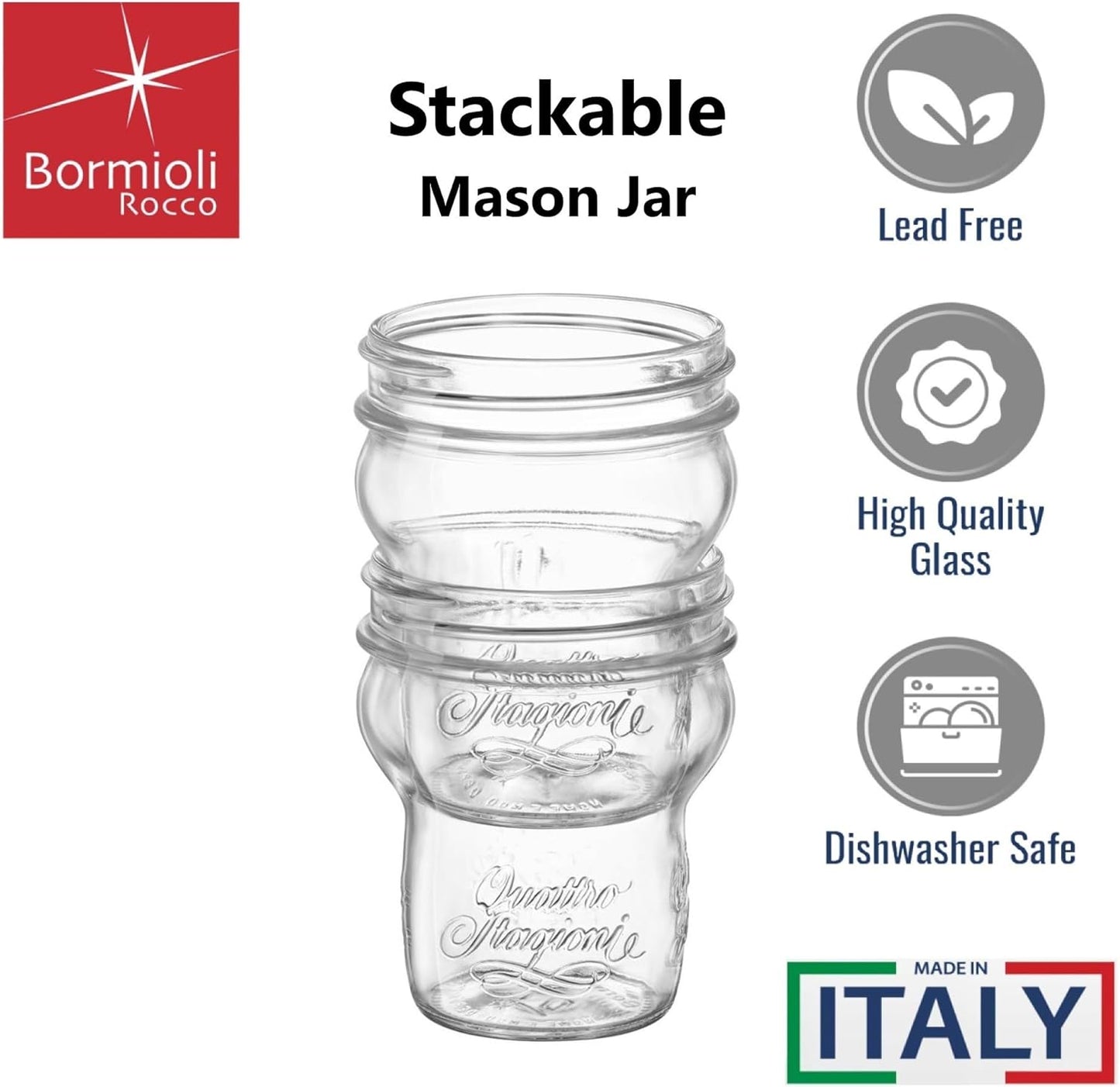 Bormioli Rocco Quattro Stagioni Glass Jars (Set of 6) - 9.25 Oz Stackable Storage Jars with Wide Mouth & Aluminum Lids - Glass Containers for Preserving, Serving, Organizing - Made in Italy