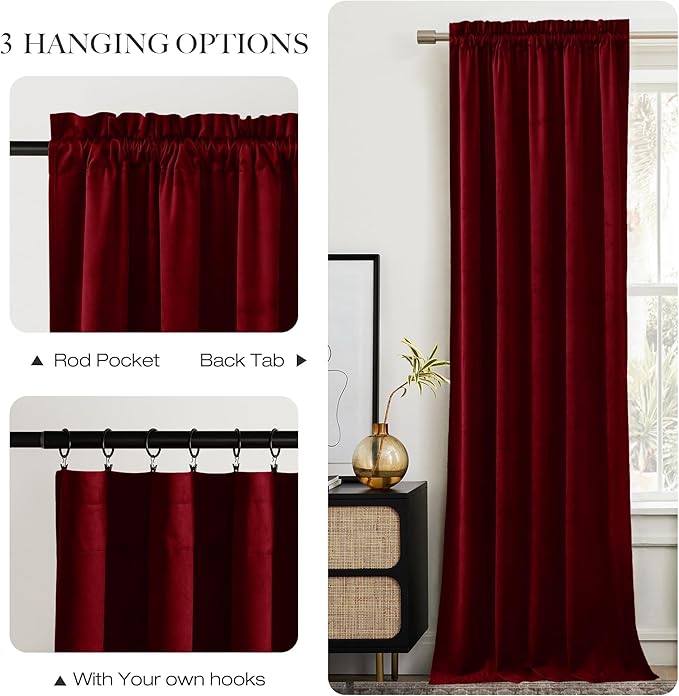 NICETOWN Christmas Red Velvet Curtains 90 inches Long 2 Panels Set, Thermal - Image 7