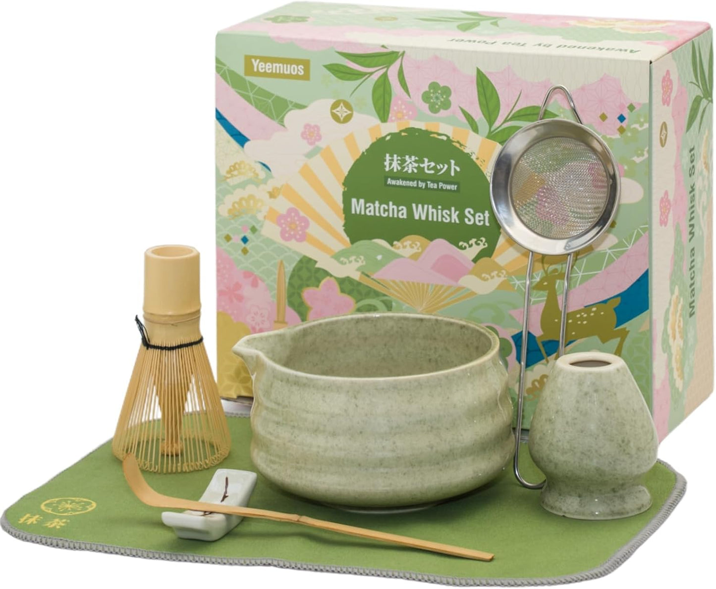 Matcha whisk Set,7 Pcs Matcha Making Kit with whisk Whisk, Ceramic Bowl, Sifter, Scoop, Holder, Stand, and Tea Towel for Ultimate Matcha Experience（Mottled Green）