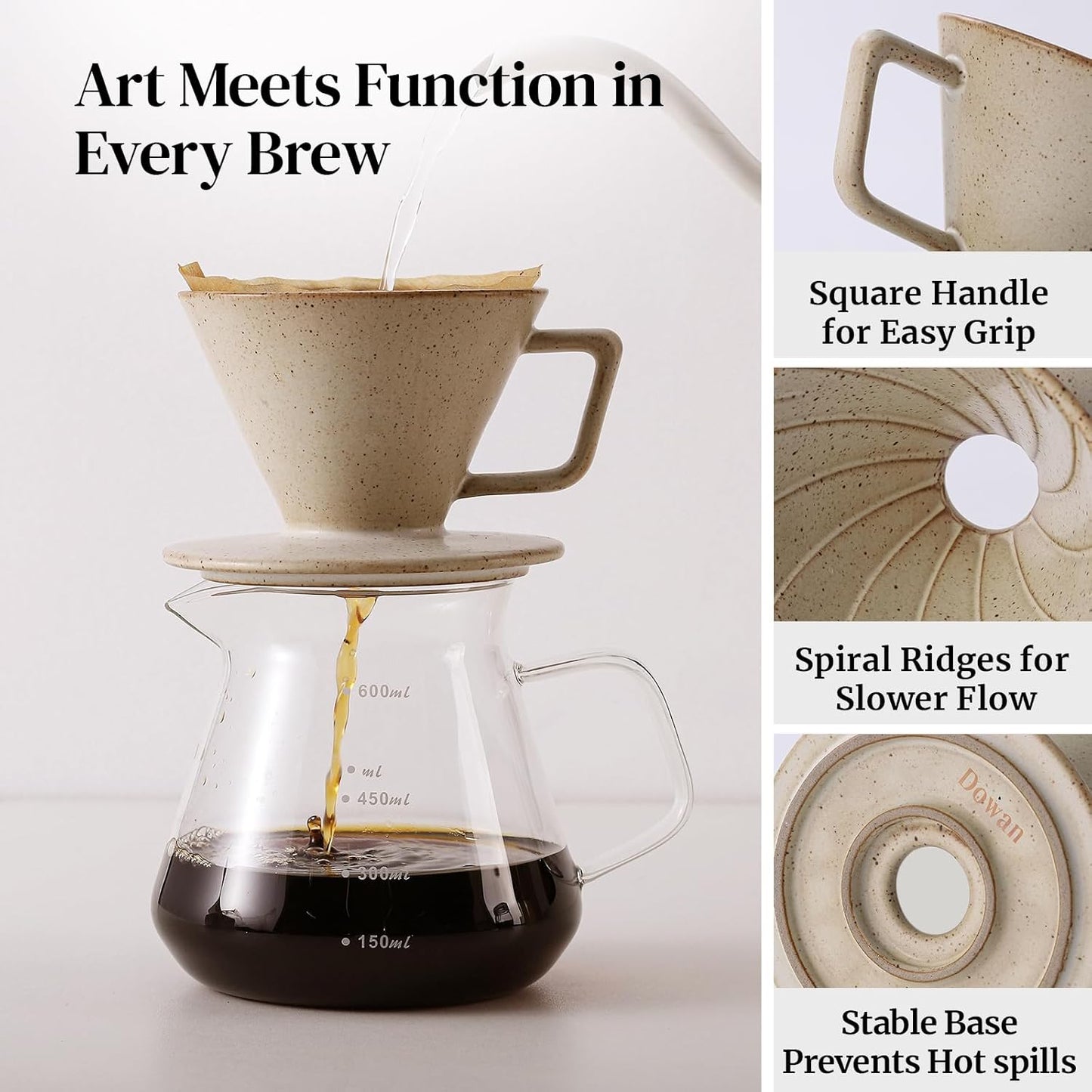 DOWAN Pour Over Coffee Maker, Non-Electric Pour Over Coffee Dripper, Manual Brew Maker, Single Cups Porcelain Slow Brewing Accessories for Gifts, Grey