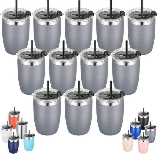 VEGOND Stainless Steel 12 oz Tumblers bulk Vacuum Insulated Double Wall Travel Tumbler with Lid and Straw Reusable Tumbler,Grey 12 pack