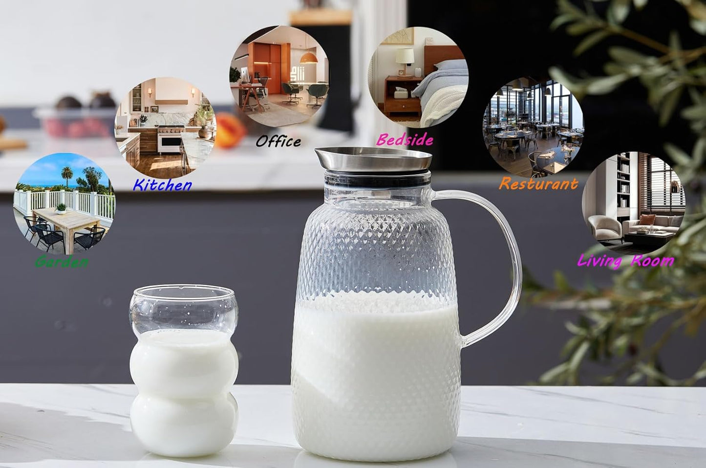 Purefold Pitcher with Lid, 78 oz Glass Jug with Stainless Steel Lid for Hot and Cold Water, Fruit Tea, Coffee Maker, Ice Tea, Juice, Pineapple Series (Clear)