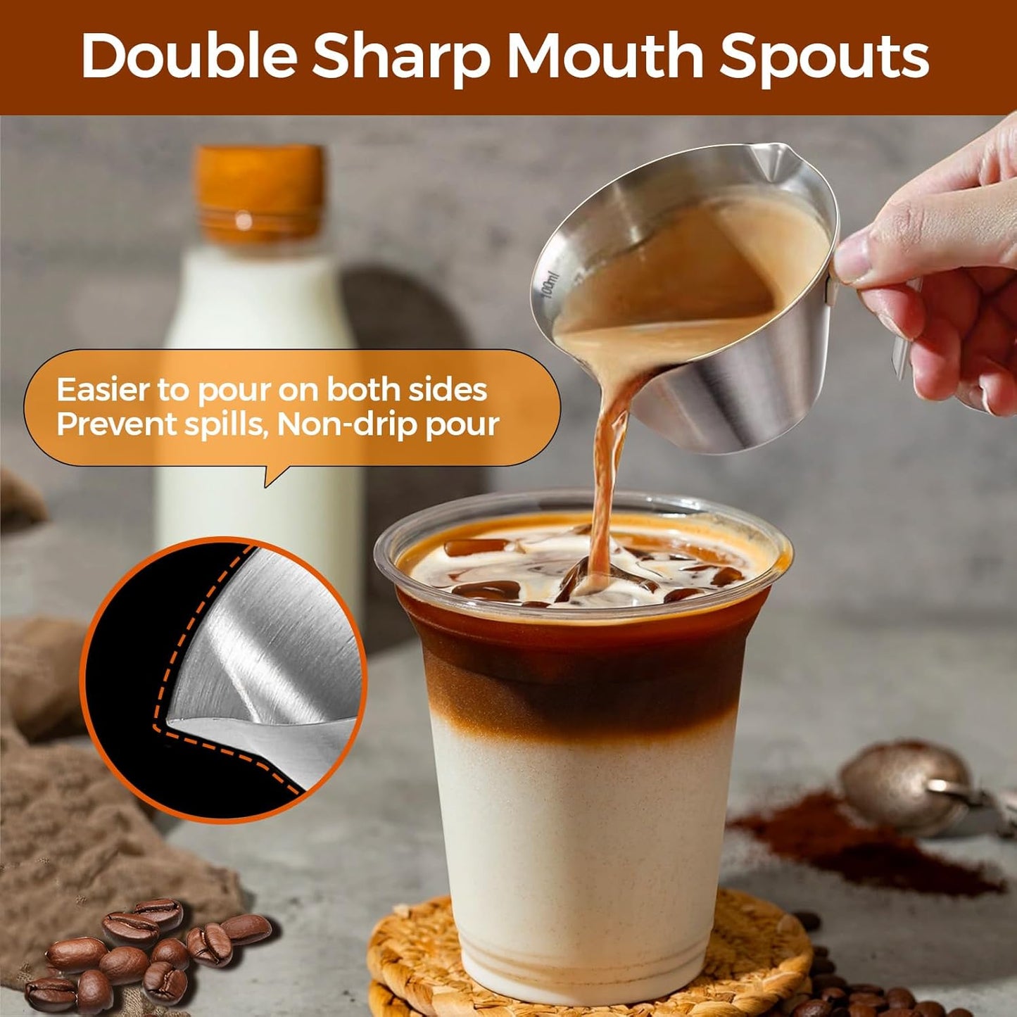 2 Pcs Espresso Cups with Handle, Stainless Steel, Double Spout Metal Measuring Cup with Dual Scale, Espresso Shot Cup with V-Shaped Mouth, 3.4oz/100ml(Silver)