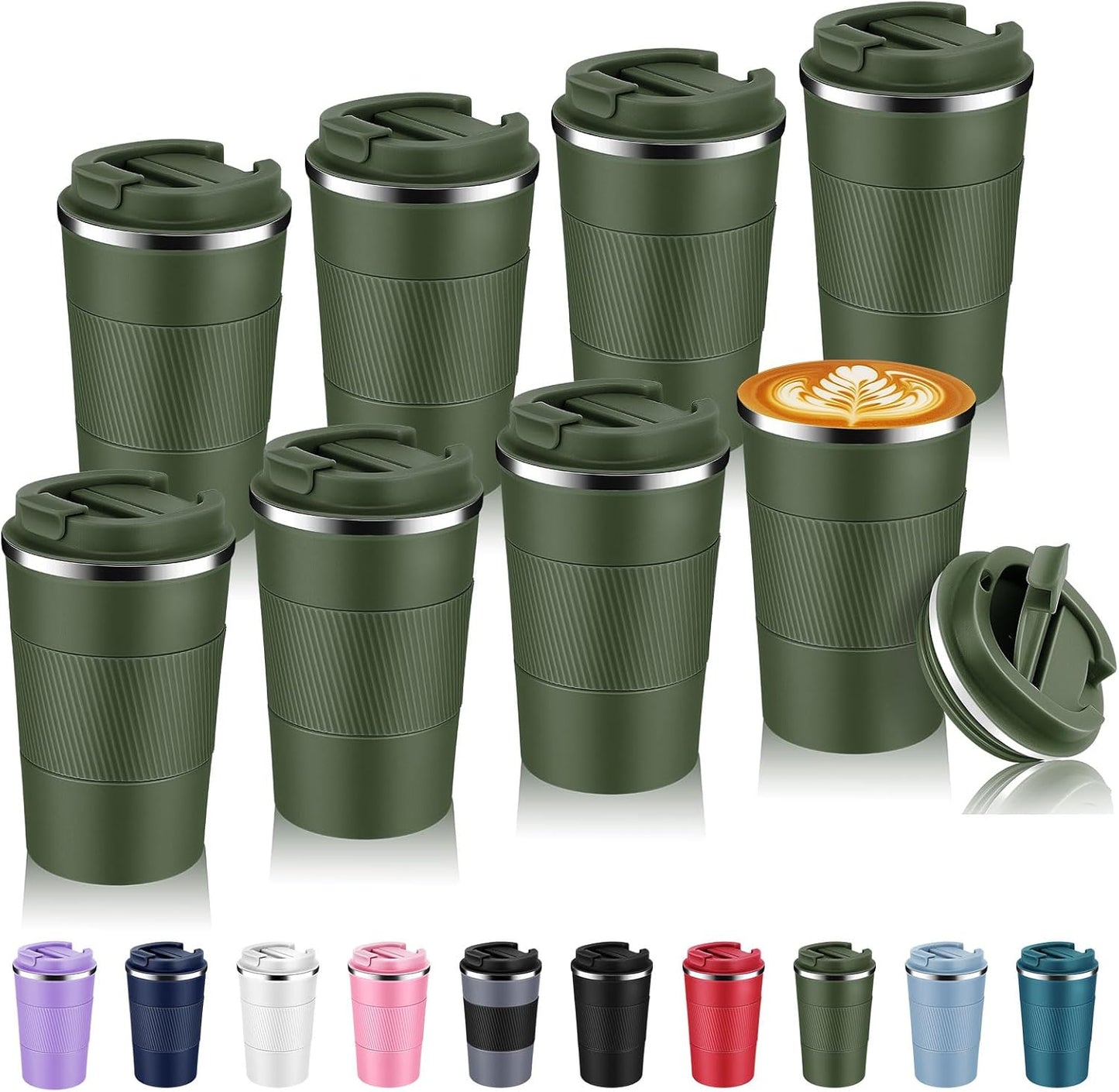 Volhoply 13 oz Stainless Steel Insulated Travel Coffee Mug with Fip Lid Bulk 8 Pack,Reusable Double Wall Vacuum Metal Coffee Cup,Portable Leak Proof Thermal Tumbler for Hot & Cold Drinks(Army Green,8)