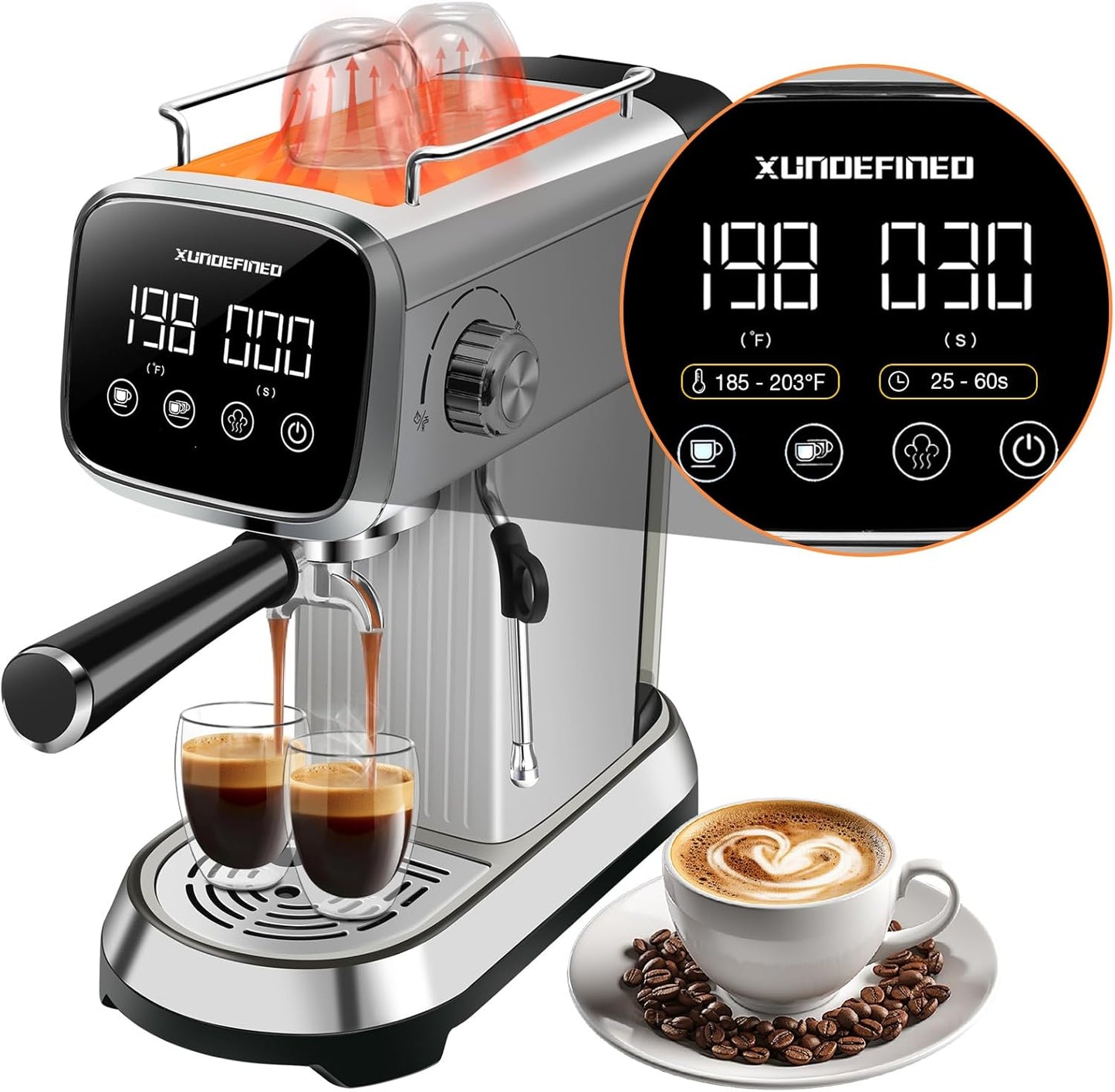 Espresso Machines 20 Bar with LED Touchscreen, Adjustable Temperature(185~203°F) Timing(25~60s), Compact Stainless Steel Coffee Maker with Milk Frother Steam Wand for Home Cappuccino & Latte Maker
