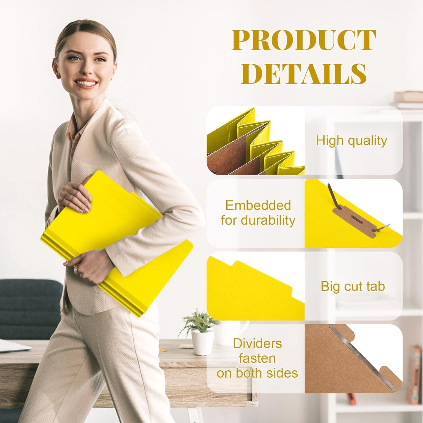 36 Pcs Classification Folders Letter Size, Back to School Supply for Teacher, Student, 3 Dividers Pressboard File Folder Bulk with 2 Fasteners, 3.5 Inch Expanding File Organizer (Yellow)