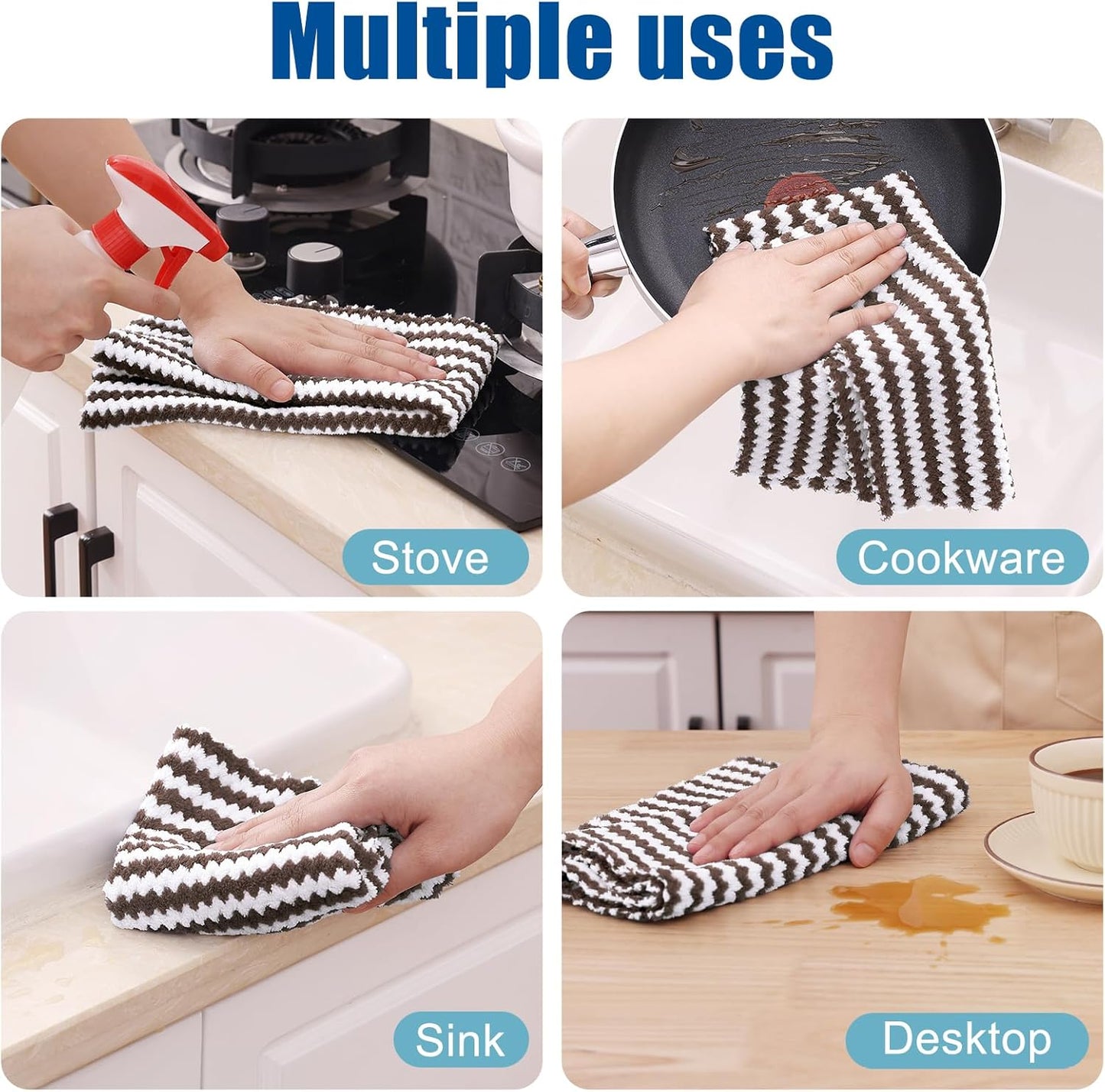 Homaxy Kitchen Towels(12 Pack, 10 x 20 inches), Ultra Soft and Absorbent Dish Towels, Reusable Fast Drying Microfiber Cleaning Cloth, Coral Velvet Wave Design No-lint, Brown