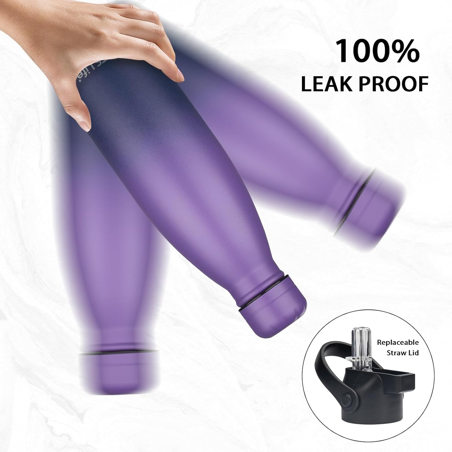 Insulated Water Bottle, 2 Pack-17oz Stainless Steel Water Bottles with straw lid, Metal Sports Water Bottles for Boys,Girls, Double Wall Vacuum BPA-Free Flask for School, Sports (Purple-Oasis)