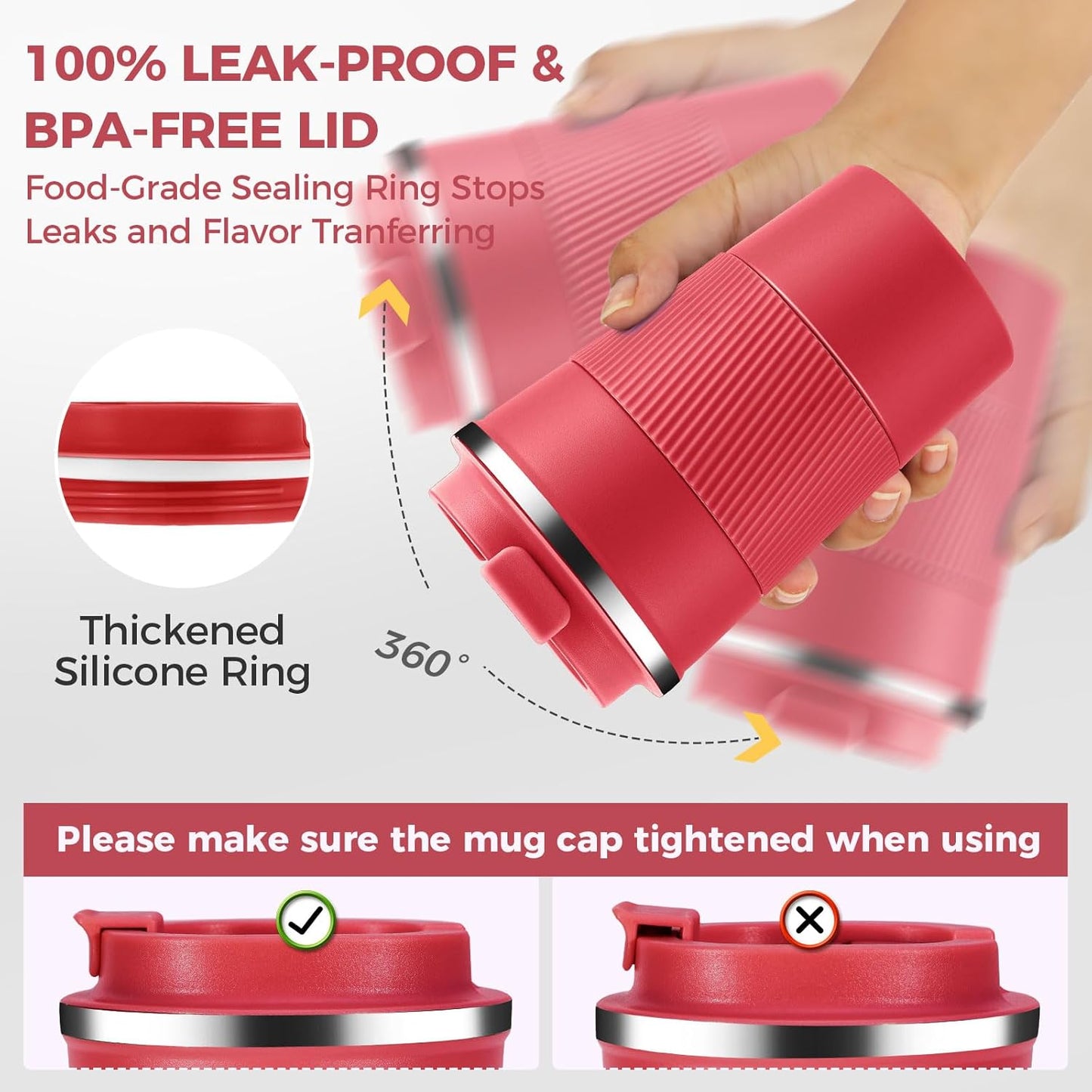 Volhoply 13 oz Stainless Steel Insulated Travel Coffee Mug with Fip Lid Bulk 4 Pack,Reusable Double Wall Vacuum Metal Coffee Cup,Portable Leak Proof Thermal Tumbler for Hot & Cold Drinks(Red,4)