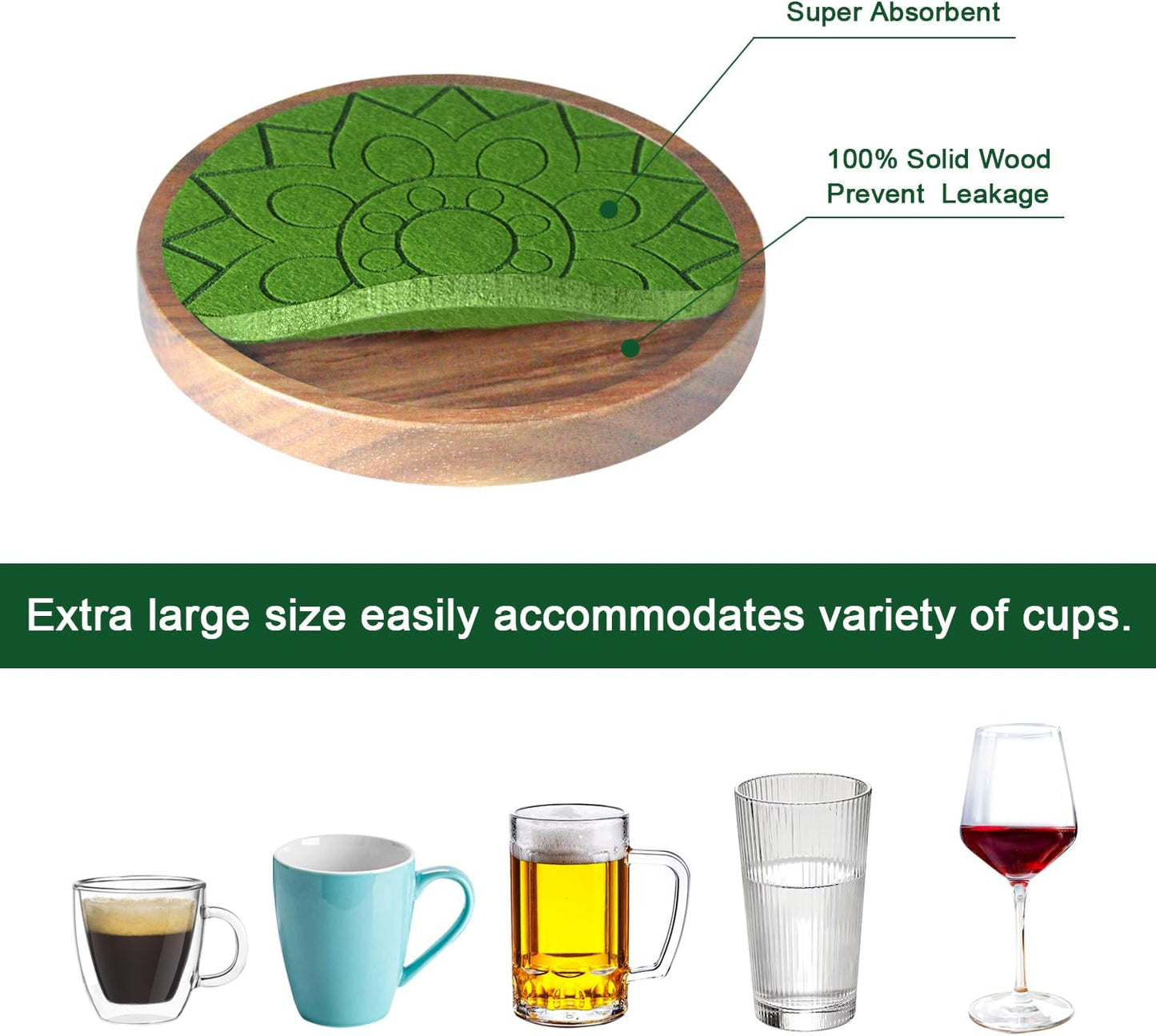 Coasters for Drinks Absorbent 5 Pack, Coasters for Coffee Table with Holder, Wood Coasters with Felt Pads, Non-Slip, Non-Stick, Suit for Kinds of Cups 4.3 inch (Colorful), Round