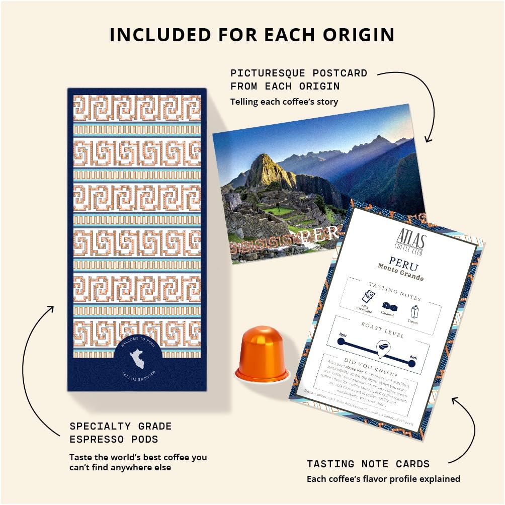 Atlas Coffee Club Espresso Pods Compatible with Nespresso Original– Dark Roast Variety Pack (40 Count)– Aluminum Capsules from Costa Rica, Nicaragua, Guatemala & India– Intensity 8-11