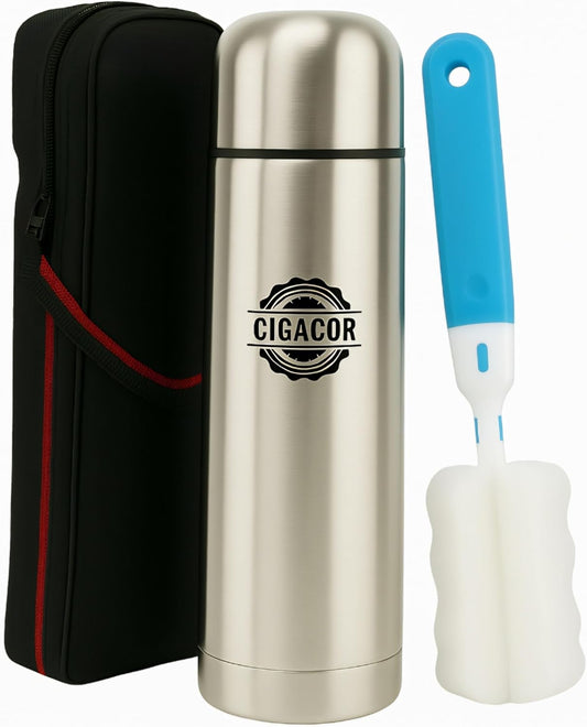 CIGACOR Stainless Steel Insulated Bottle – 17oz Coffee Travel Mug – Keeps Drinks Hot for 12 Hours & Cold for 24 – Leakproof Lid – Fits Car Cup Holders – Ideal for Office, Gym & Travel