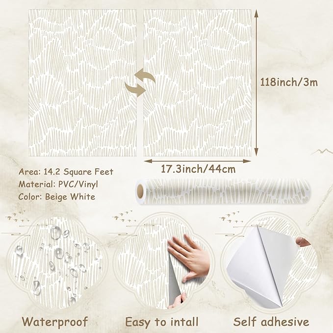 Theper Beige Peel and Stick Wallpaper Boho 17.3"×118" Modern Striped Removable - Image 3