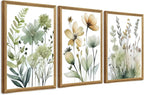 SYWENNOI Wood Framed Green Botanical Canvas Wall Art, Boho Floral Watercolor by SYWENNOICanvasWallArt