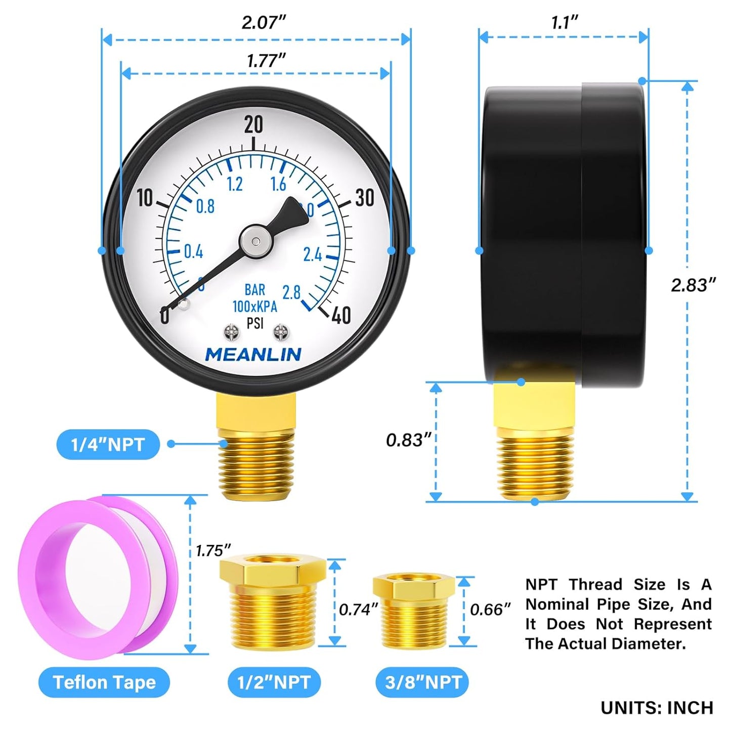 MEANLIN MEASURE 0-40Psi 2" DIAL FACE 1/4" NPT Well Pump Pressure Gauge, with 1/2" NPT and 3/8" NPT Hex Bushing, 3-2-3% Accuracy, Lower Mount