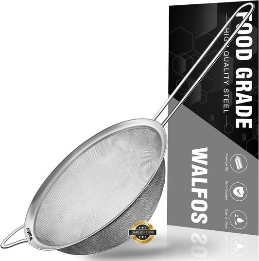 Walfos 6.3 Inch Fine Mesh Strainer, Premium Stainless Steel Sieve and Sifter with Handle, Kitchen Metal Strainers for Rice, Quinoa, Fruits, Noodles, Flour