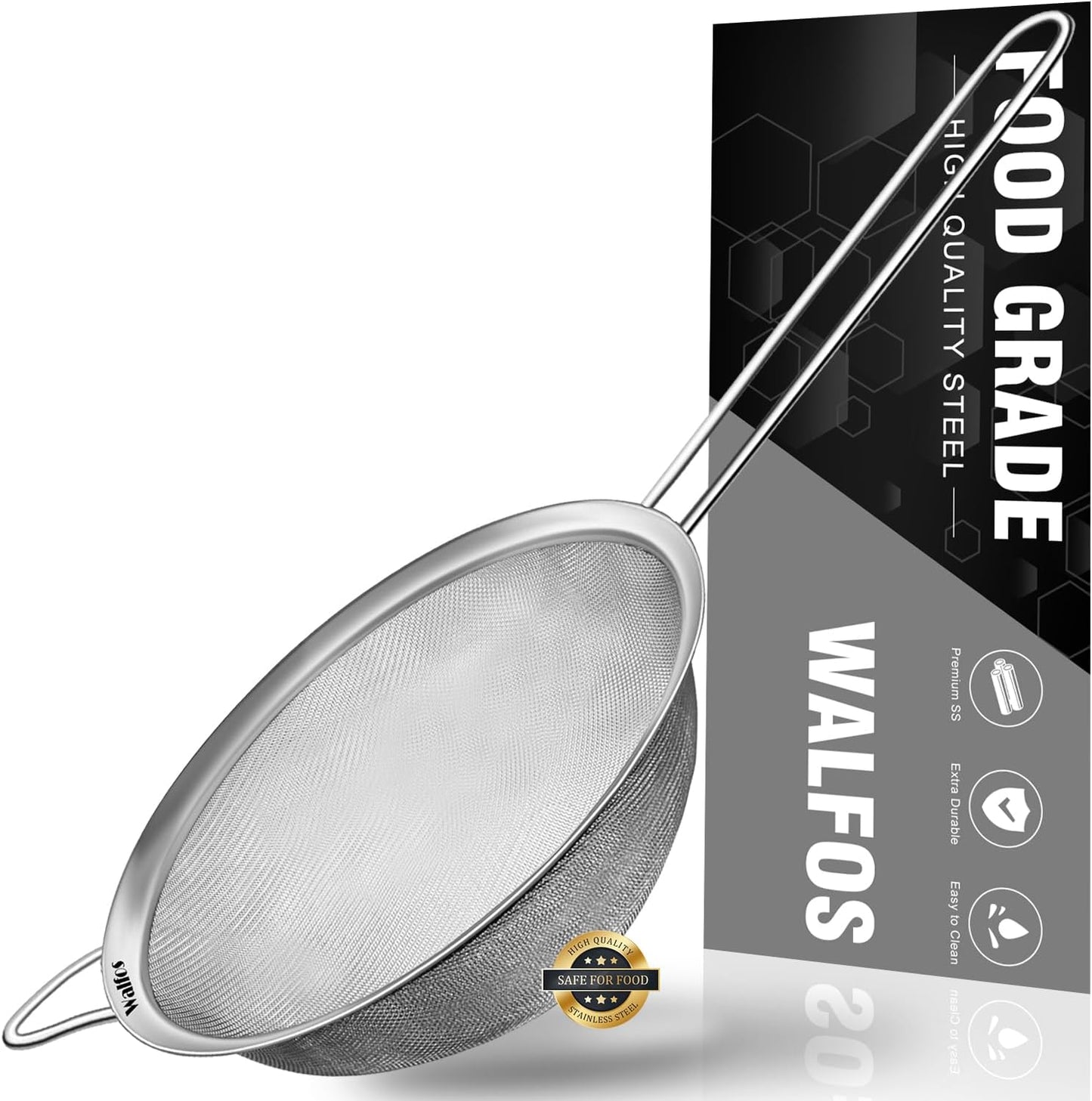 Walfos 7 Inch Fine Mesh Strainers, Premium Stainless Steel Colanders and Sifters, with Reinforced Frame and Sturdy Handle, Perfect for Sift, Strain, Drain and Rinse Vegetables, Pastas and Tea