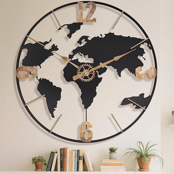 Pytha Sight 30 Inch Large Modern Decorative Metal World Map Wall Clocks Giant by Pytha+Sight