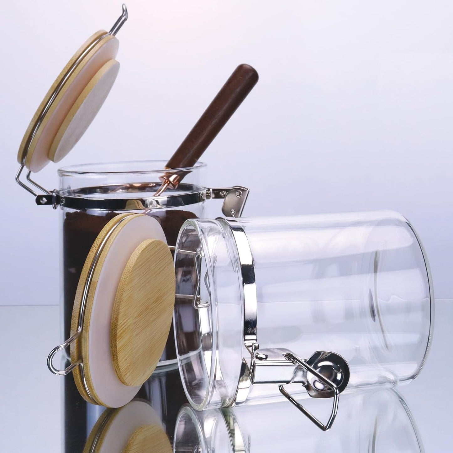 Glass Coffee Sugar Storage Jars with Bamboo Shelf and Spoon for Kitchen Counter,Sealed Glass Containers for Loose Leaf Tea,Coffee Bean,Ground Coffee,Brown Sugar,27 Fluid-oz