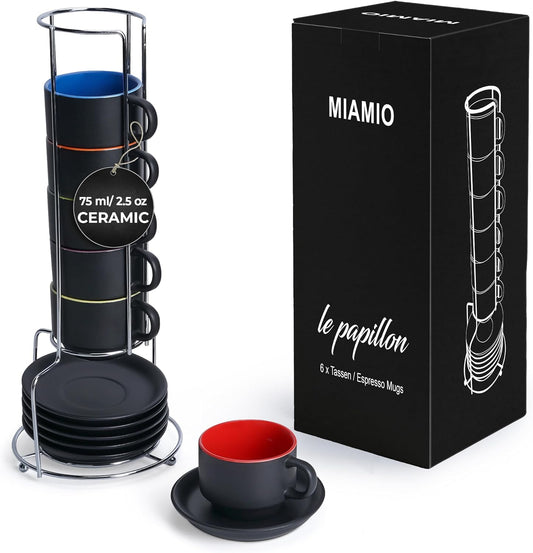 MIAMIO - 2.5 oz Espresso Cup Set with Saucers Coffee Mug Set of 6 - Ceramic Coffee Mug Stackable Espresso Mug with Stand for Coffee Drinks, Latte, Cafe Mocha - Le Papillon Collection (Colorful)