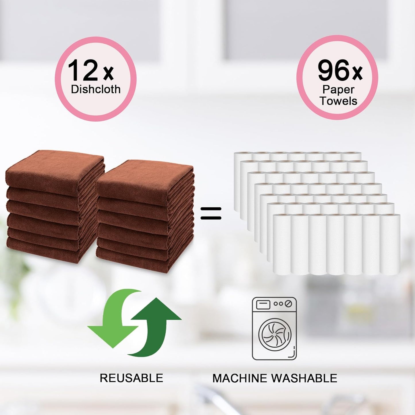 kimteny 13x28 Inches Kitchen Cloth Dish Towels, 400 GSM Premium Dishcloths, Super Absorbent Coral Velvet Microfiber Cleaning Cloths, Fast Drying Rags for Washing Dishes (12 Pack, Brown)