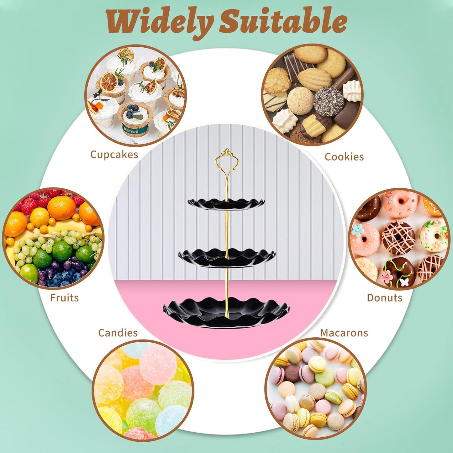 3 Tier Cupcake Stand Holder, Plastic Cup Cake Stand Towel with Tiered Serving Tray for Cupcakes, Donuts, Fruits and More, White (Black)