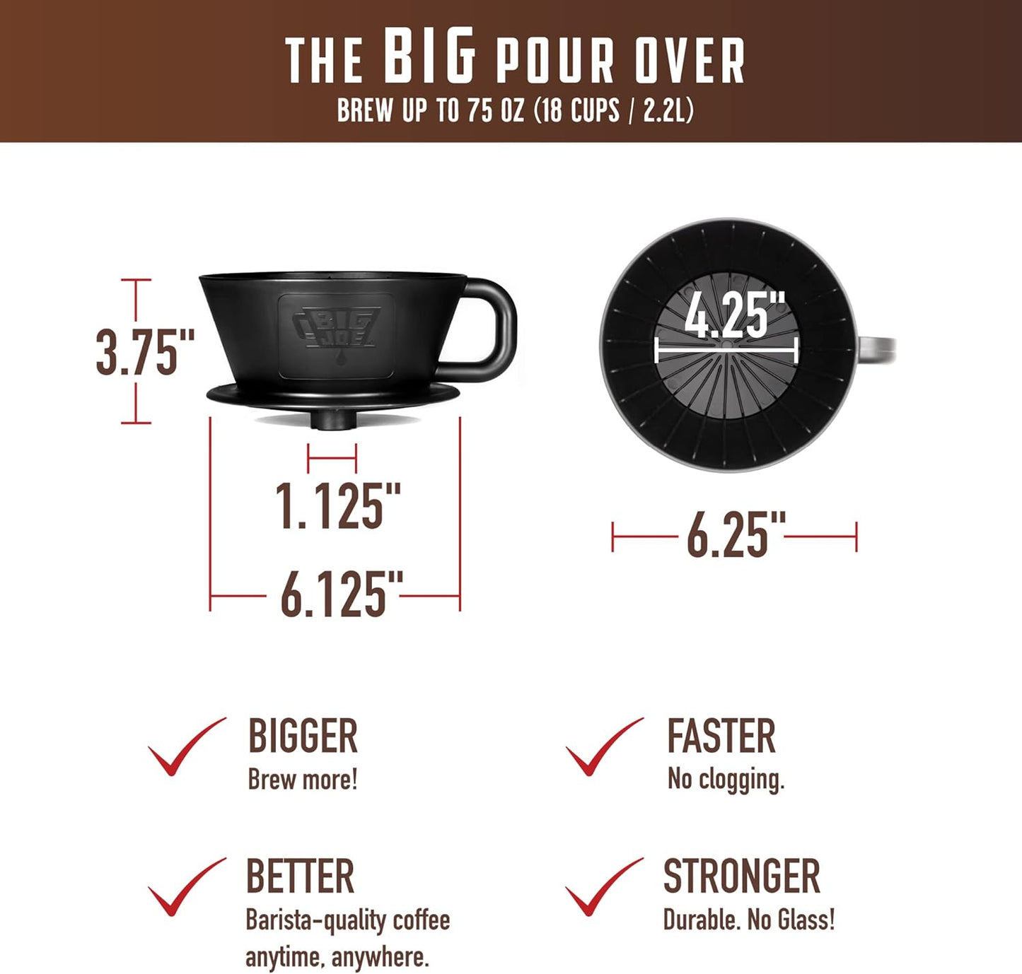 Big Joe® Large Pour Over Coffee Maker w/ 50 Filters, Brews from 12 up to 75 Ounces, Fits Any Drinkware, Dishwasher Safe, Made in USA