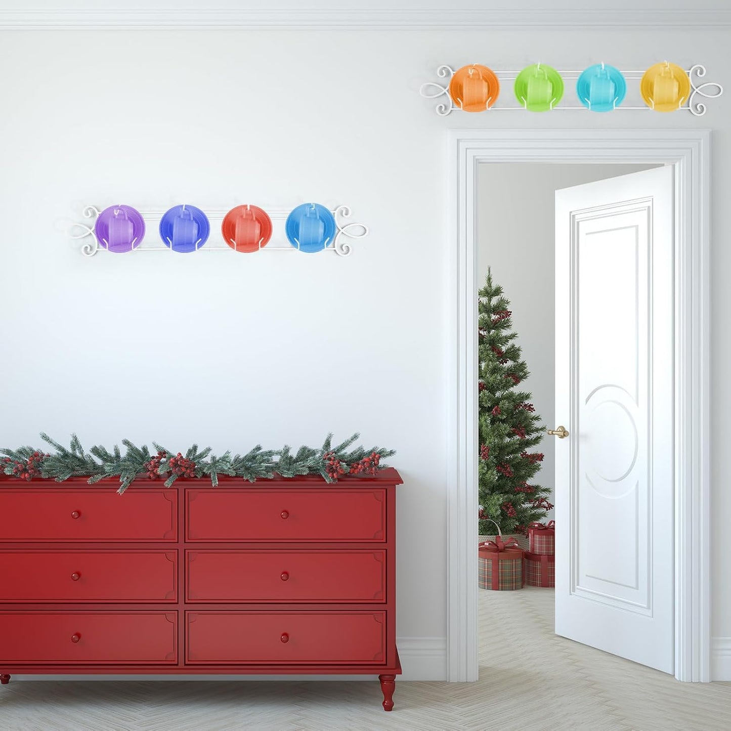 Blulu 2 Pcs 4-Tier Tea Cup & Saucer Display Stand - Horizontal Wall Mounted Organizer, Farmhouse White Brackets for Coffee Mugs/China Plates, Decorative Wall Plate Hangers, 45'' x 5.5''