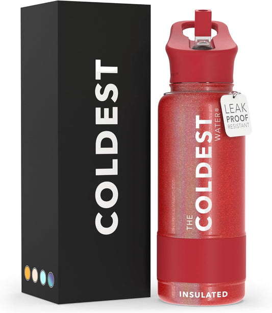 Coldest Insulated Water Bottle with Straw Lid - Stainless Steel Metal Insulated Bottle for Men & Women (Mars Red Glitter, 32 oz)