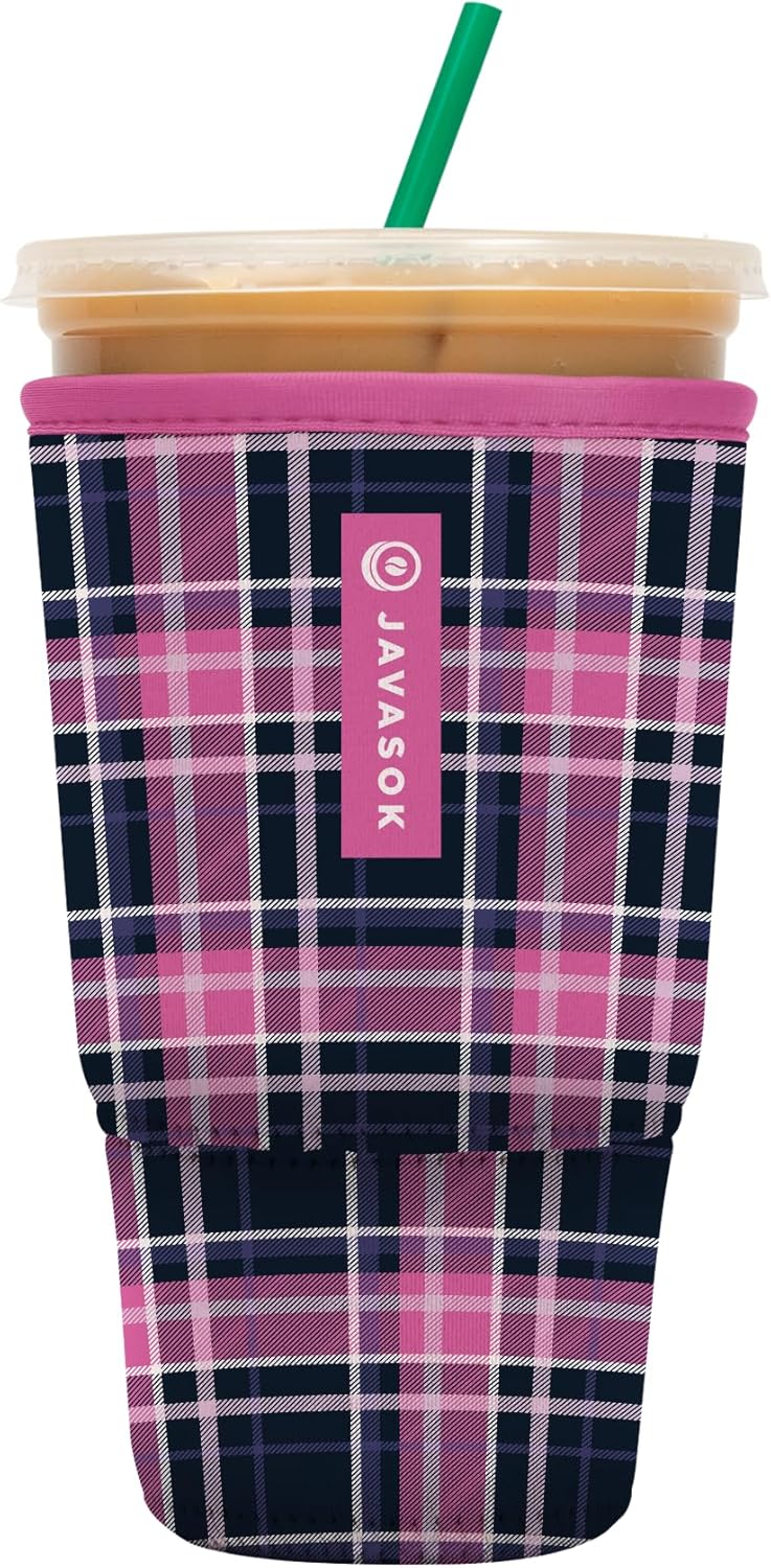 Sok It JavaSok Iced Coffee & Cold Soda Insulated Neoprene Cup Sleeve (Berry Plaid, XLarge: 38-42oz)