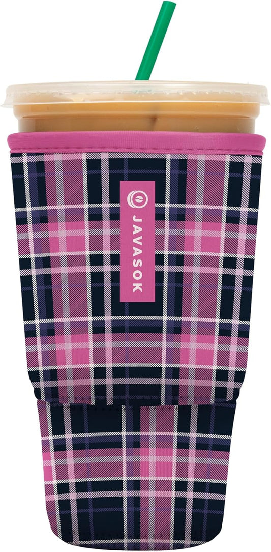 Sok It JavaSok Iced Coffee & Cold Soda Insulated Neoprene Cup Sleeve (Berry Plaid, XLarge: 38-42oz)