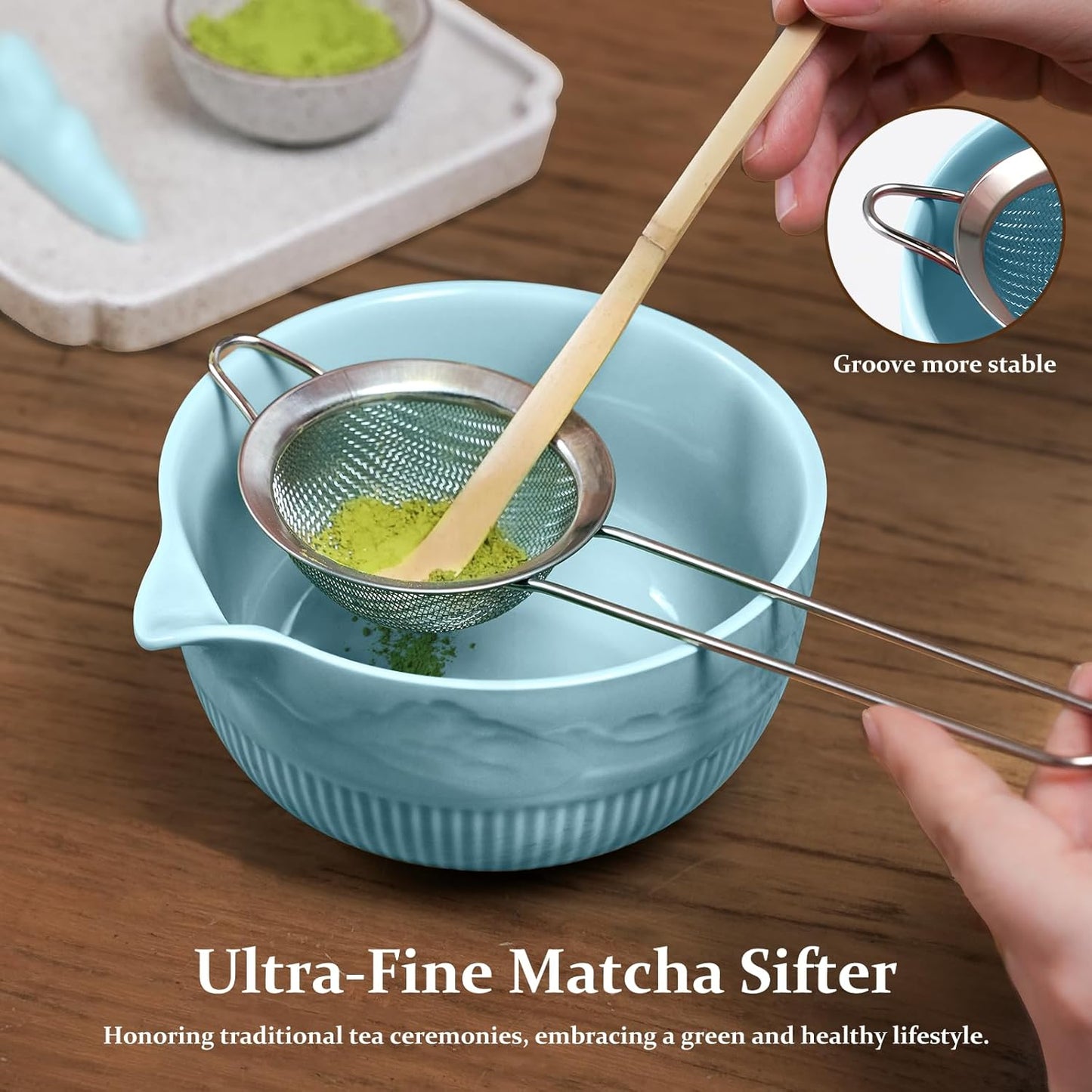 7PCs Matcha Whisk Set Traditional Japanese Matcha Kit with Ceramic Bowl Bamboo Chasen Tea Spoon Holder Sifter Tea Towel Ceremony Matcha Tea Making Tools Green Tea Set for Beginners