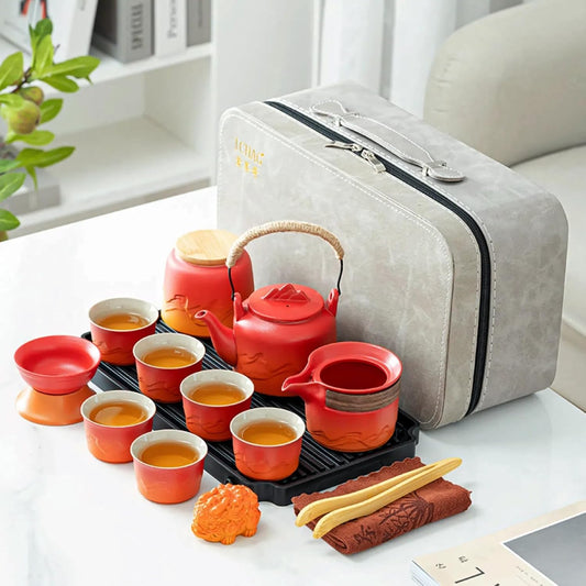 ICHAG Chinese Tea Set, Japanese Tea Sets for Adults, 15-Piece Porcelain Gongfu Tea Set with Tea Pet & Tea Tray, Japanese Teapot Set, Travel Tea Party Set, for Home/Office/Outdoor/Gifts (Red)