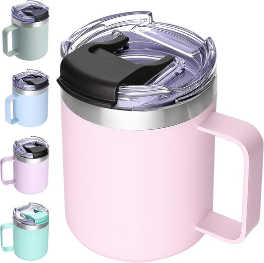 ALOUFEA 12oz Insulated Coffee Mug Cup with Handle, Stainless Steel Travel Coffee Mug with Flip Lid, Double Wall Vacuum Coffee Tumbler,Blush