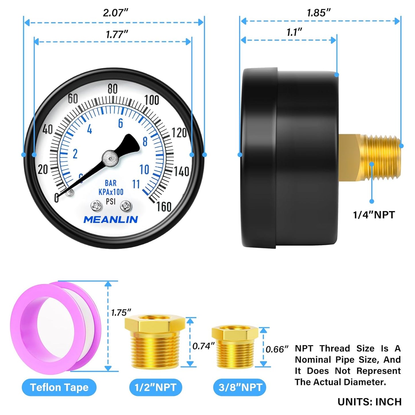 MEANLIN MEASURE 0-160Psi 2" DIAL FACE 1/4" NPT Well Pump Pressure Gauge, with 1/2" NPT and 3/8" NPT Hex Bushing, 3-2-3% Accuracy, Center Back Mount