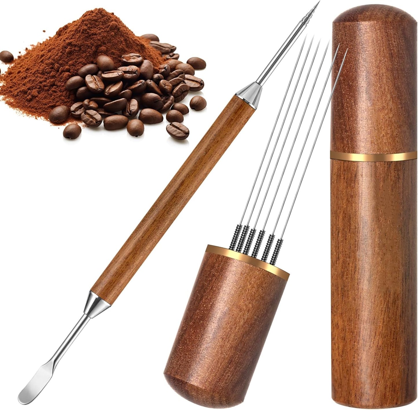 Espresso Coffee Stirrer 6 Needles, Espresso Distribution Tool with Natural Wood Handle and Base, Stainless Steel Latte Art Pen Barista Tools Espresso Accessories Kit for Home Cafe
