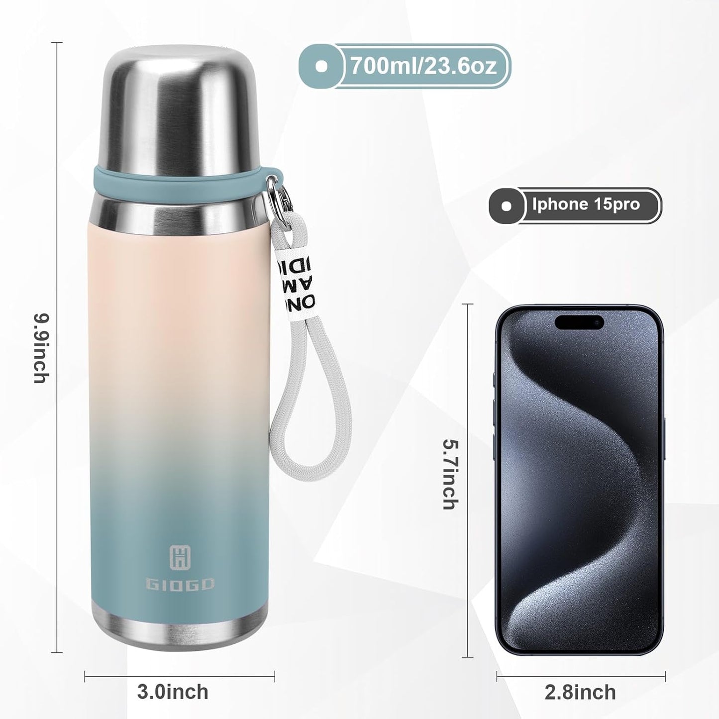 Stainless Steel thermo Bottles with cup 700ml/23.7oz Vacuum Insulated Bottle for hot and cold coffee drink water thermo flask with cup.(Gradient Blue,700ml)