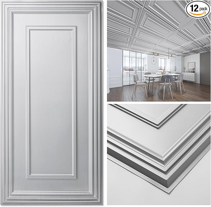 Art3d Drop Ceiling Tiles, 24x48in. Argent Silver by Art3d