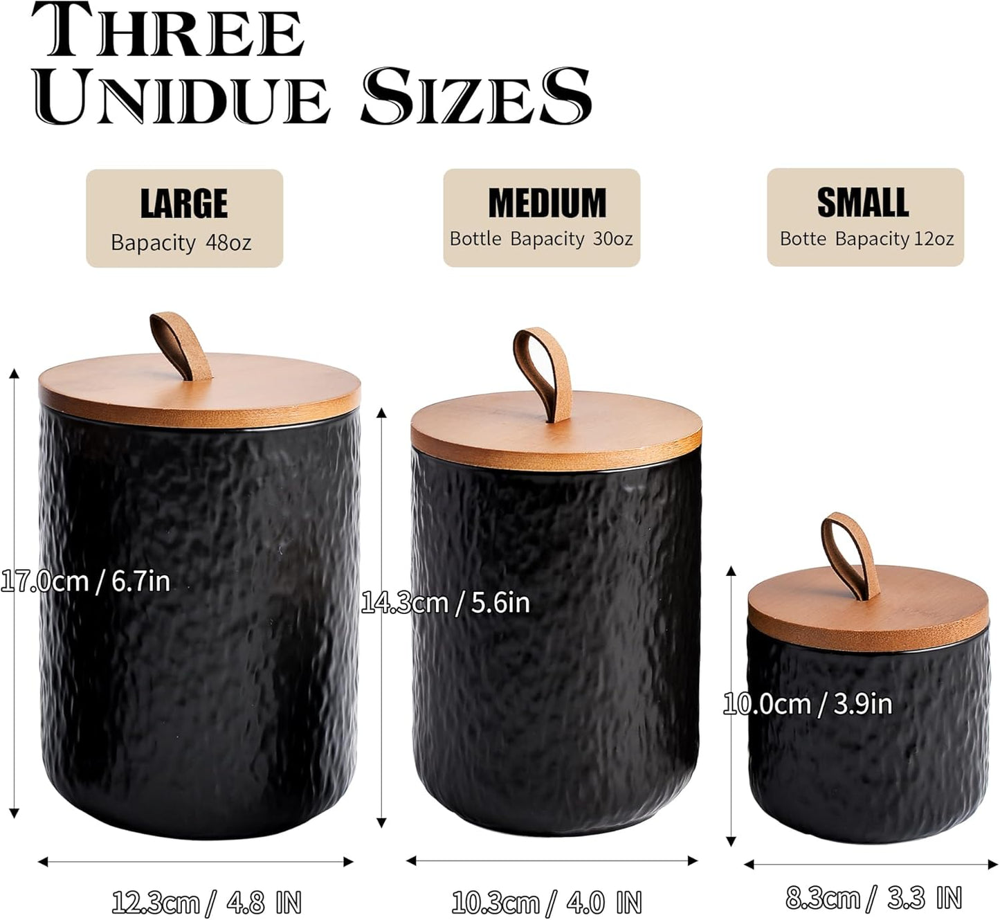 JOJUNO Black Ceramic Canister Set with Wooden Lid, 3-Piece Airtight Food Storage Jars for Kitchen Counter - Flour, Sugar, Coffee, Tea, Spice - Small, Medium, Large Sizes - Stone Texture