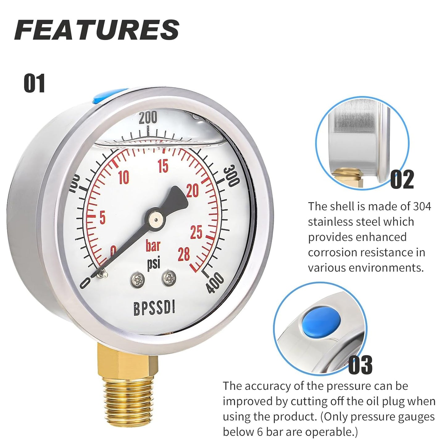 0-400 Psi Glycerin Liquid Filled Pressure Gauge, 2.5" Dial Size, 1/4" NPT Lower Mount, 304 Stainless Steel Case, for Pool Pump Sand Filter Air Compressor, Water Oil Air Pressure Test
