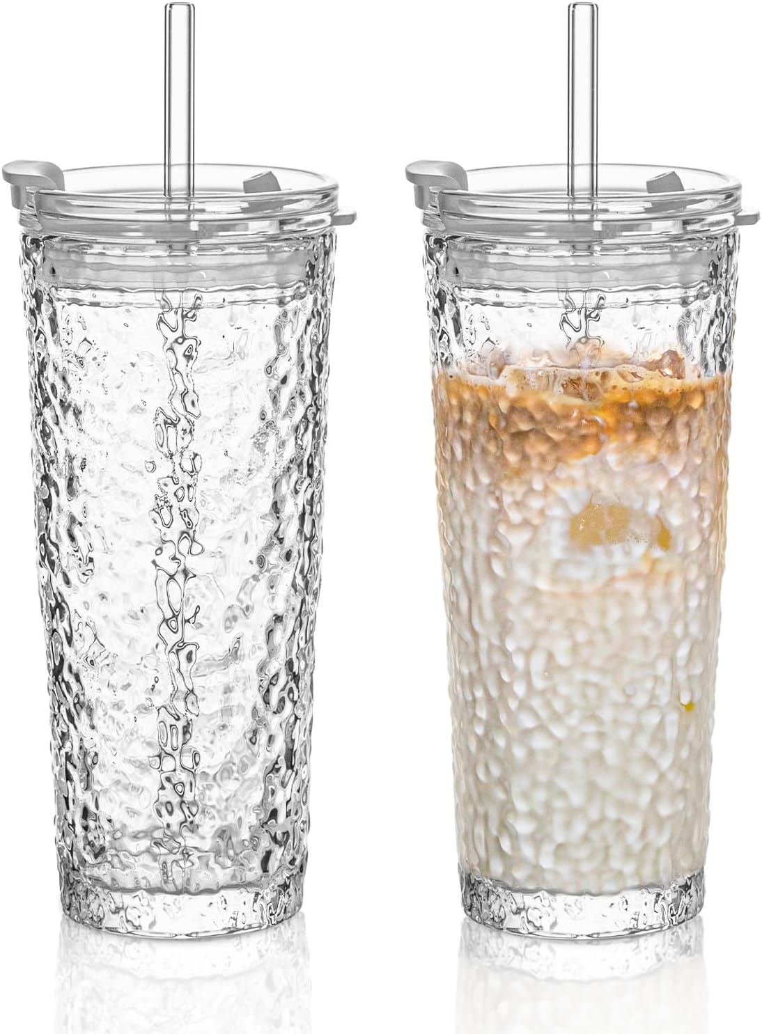 KEMORELA Glass Tumblers with Lids and Straws – Set of 2, 18oz Premium Quality Drinking Glasses, Ideal for Juices, Cocktails, and Everyday Use