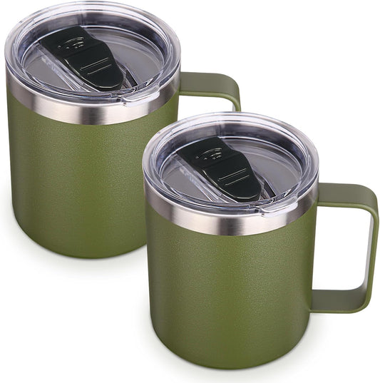 Volhoply 14oz Insulated Stainless Steel Coffee Mug with Lid Bulk 2 Pack,Double Wall Vacuum Travel Coffee Cup with Handle,Reusable Cups Tumbler,Camping Mugs Keep Hot,Ideal Gifts(Army Green,2)