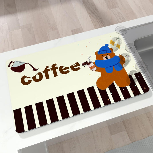 Coffee Bar Mat for Countertop, 17" X 28” Super Absorbent Dish Drying Mat, Large Kitchen Counter Mats Fits Under Coffee Maker, Non-slip Espresso Machine Pad, Bear Coffee
