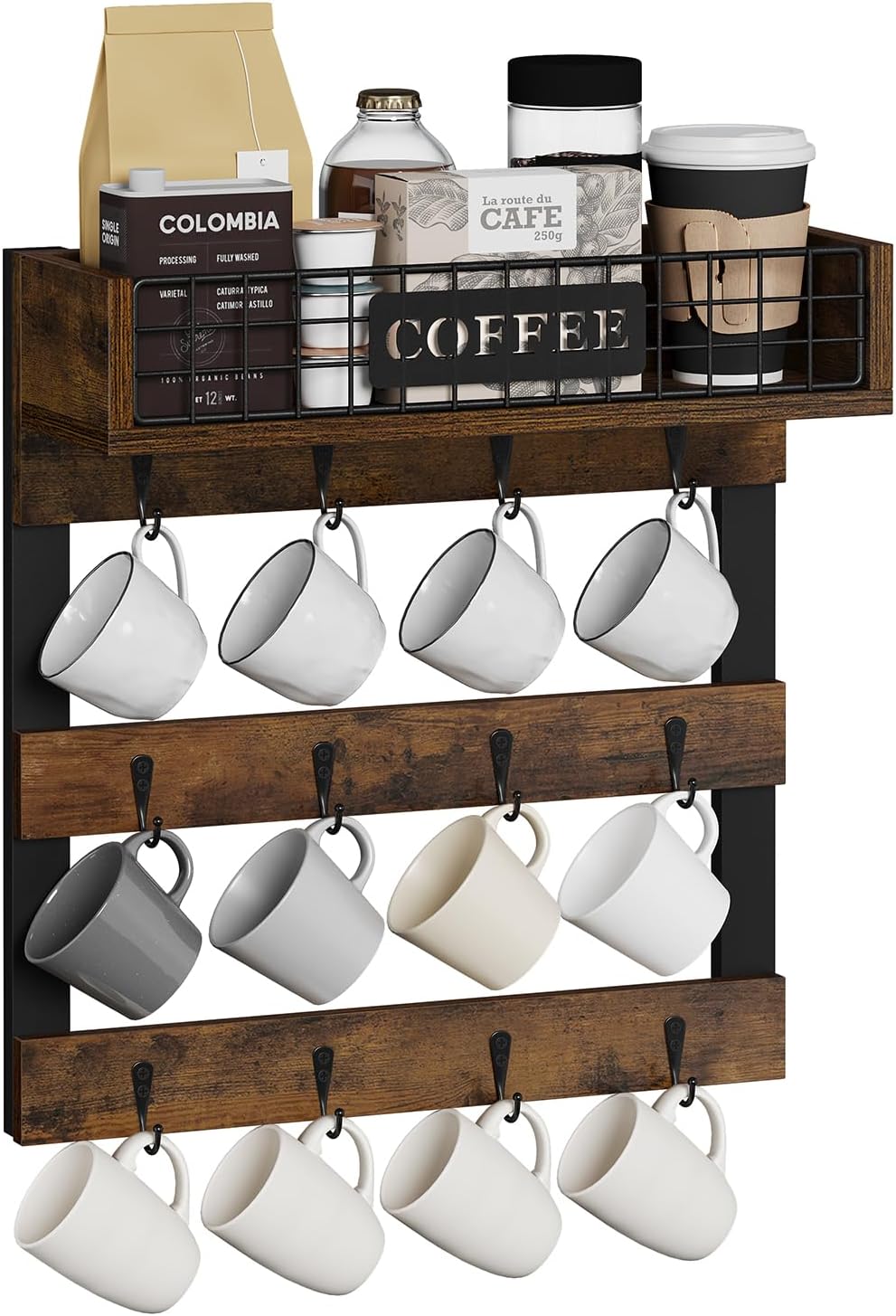 YINMIT Coffee Mug Holder Wall Mounted, Wood Mug Racks with 12 Hooks, Coffee Cup Holder for Wall with Storage Shelf, Cups Rack for Home, Kitchen