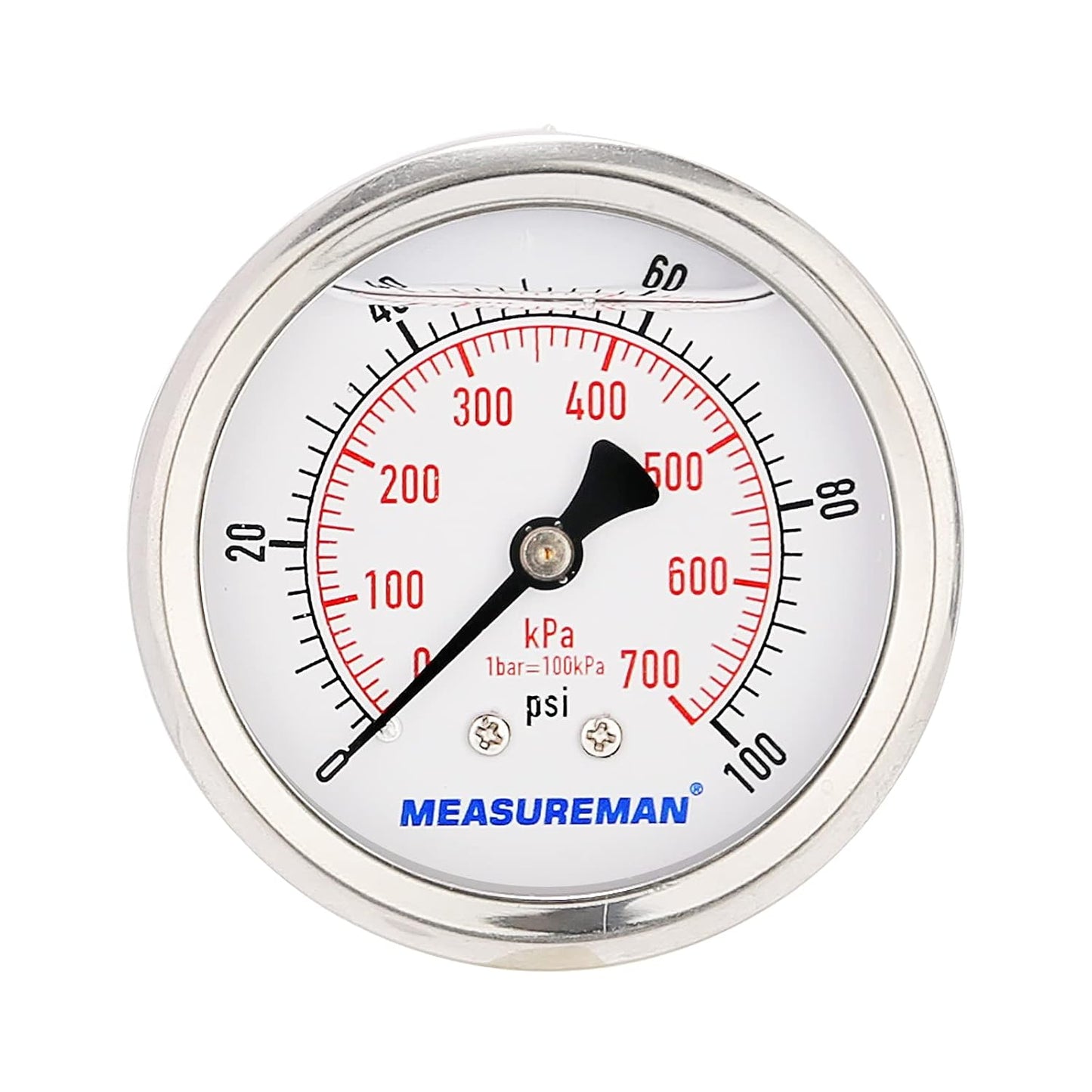 MEASUREMAN 2-1/2inch Dial Size, Glycerin Filled Pressure Gauge, 0-100psi/kpa, 304 Stainless Steel Case, 1/4 Inch NPT Center Back Mount